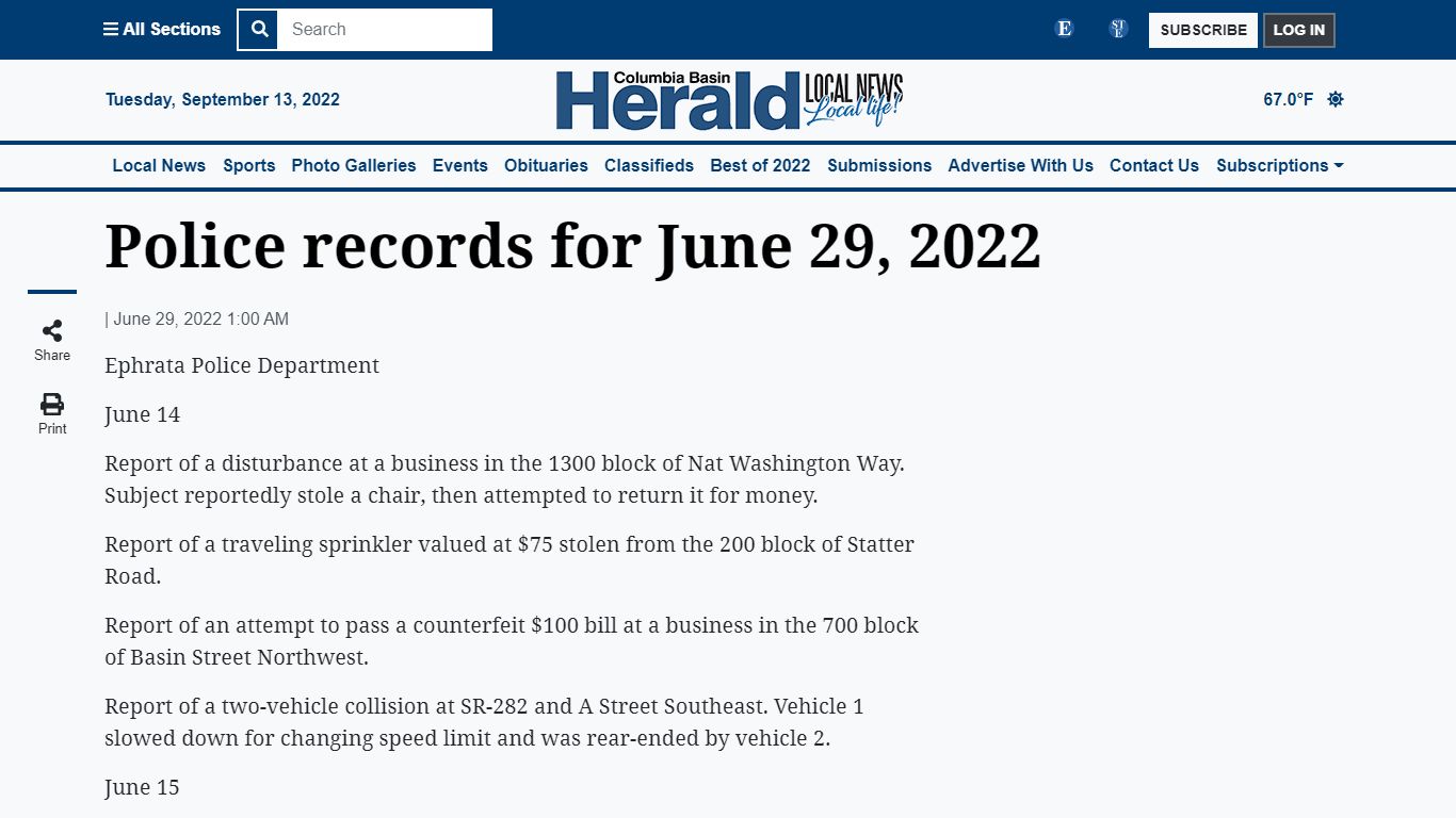 Police records for June 29, 2022 | Columbia Basin Herald
